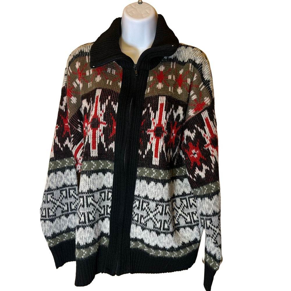 Vintage Clipper Mist Geometric Grandpa Cardigan Full Zip Sweater Thick Knit